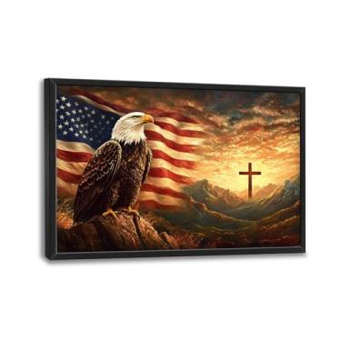 Imagem de Arte de parede grande emoldurada para sala de estar, decoração de parede em tela com bandeira americana de águia americana, grande pintura emoldurada com cruz cristã, arte moderna para quarto