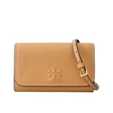Imagem de Tory Burch Bolsa tiracolo feminina 146467 Thea de couro granulado com ferragens douradas e carteira plana, Tiramisu marrom, Carteira transversal