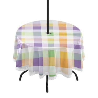 Imagem de CEBUGI Toalha de mesa redonda para uso externo, colorido, quadriculado, impermeável, com furo Umberlla, capa de mesa lavável para pátio, cozinha, sala de jantar, 152 cm