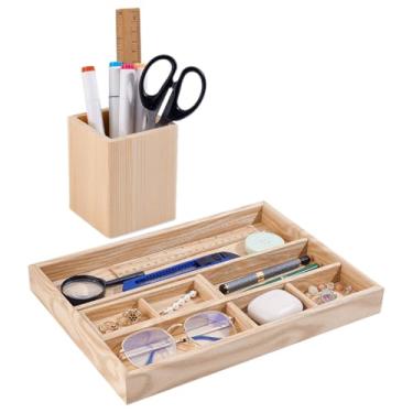 Imagem de PH PandaHall 2 peças de bandeja organizadora de mesa de madeira com suporte de caneta, caixa de armazenamento de gaveta, bandeja organizadora de chaves, relógio, lápis, bandejas divididas para casa