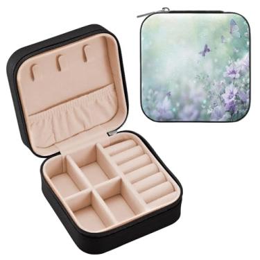 Imagem de YETTASBIN Caixa de joias de flores de borboleta para adolescentes, meninas, mulheres, presente de aniversário, Natal, caixa de armazenamento portátil de couro PU, mini estojo de joias de viagem para