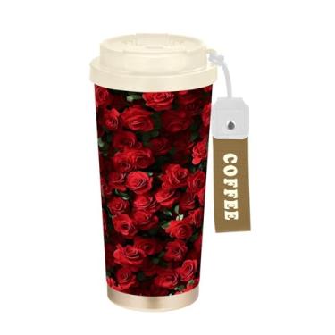 Imagem de Wassud Caneca de café de viagem isolada Red Roses copo à prova de vazamento com tampa e canudo garrafa de água de aço inoxidável para café quente/gelo, chá e cerveja