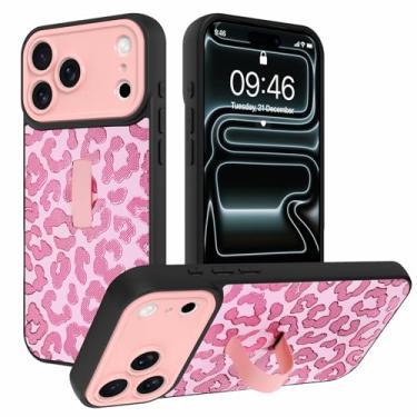 Imagem de AIGOMARA Capa para iPhone 17 Pro com alça de dedo suporte padrão leopardo design TPU macio amortecedor rígido PC traseiro anti-queda à prova de choque capa fina suporte - rosa