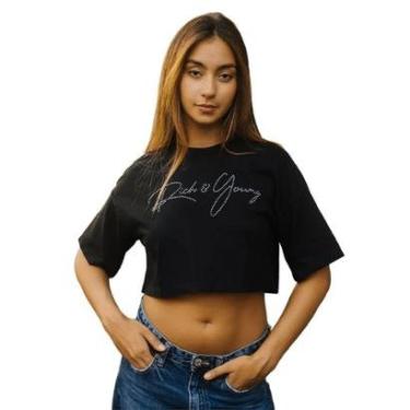 Imagem de Camiseta Feminina T-shirt Cropped Aplique Premium Manga Curta Oversized Confortavel Streetwear Preto-Feminino