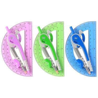 Imagem de ZZTX Conjunto de bússola e transferidor para geometria, transferidor de 180 graus e bússola para estudantes, ferramentas de desenho de matemática, 3 cores