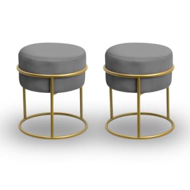 Imagem de Puff Base Ferro Dourada Veludo Premium puff redondo para Sala de Estar, Quarto, Decoração Moderna e Elegante(Cinza)