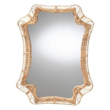 Imagem de Bali & pari Yusra Espelho de parede de vime natural – Moldura de vime tecida à mão com silhueta livre, decoração de parede boho costeira para entrada, quarto ou sala de estar