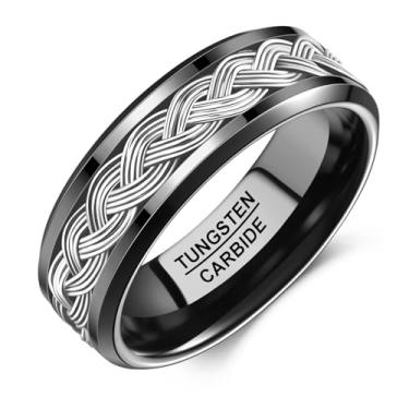 Imagem de NUNCAD Anéis de casamento masculinos de 8 mm, carboneto de tungstênio preto com nó celta trançado incrustado de aço inoxidável, acabamento polido confortável, bordas chanfradas resistentes a arranhões