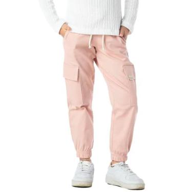 Imagem de Calça Infantil Menina Jogger Bolso Cargo Elástico Sarja Rosa - VRASALO