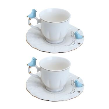 Imagem de Jogo 2 Xícara De Café Porcelana Birds Azul E Branca Fio Dourado Pássaro Com Pires 100ml Wolff