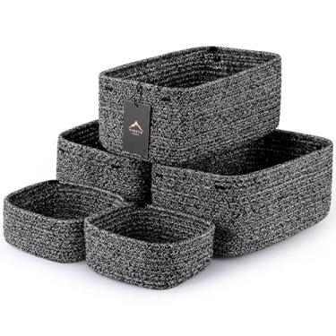Imagem de VIRETH HAUS Pacote com 5 cestas pequenas de armazenamento de corda tecida – 2 tamanhos de caixas organizadoras para armário, prateleira, estante, berçário, trocador, caixas de cubo de tecido, caixas