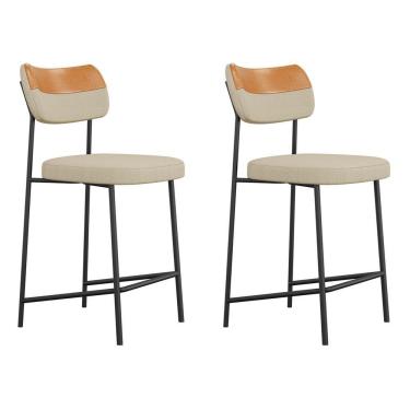 Imagem de Kit 02 Banquetas Médias Cozinha Lila Estofada Couríssimo Whisky Linho Bege - Desk Design