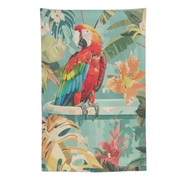 Imagem de Tapeçaria de parede floral tropical papagaio de arara vermelha na banheira decoração de pássaro vibrante arte boho para banheiro quarto acento pendurado alegre cena da natureza 152 x 232 cm tapeçaria