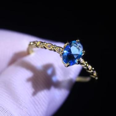 Imagem de 1 anel luxuoso em forma de gota a céu aberto em pedra preciosa azul do lago falso, feito de latão banhado a ouro, adequado para um baile ou noite