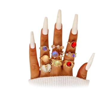 Imagem de Uarein Conjunto de anéis de cristal colorido banhado a ouro para mulheres, anel de dedo ajustável de resina com strass de coração aberto, acessórios de joias de festa punk, presentes, Large, Zinco