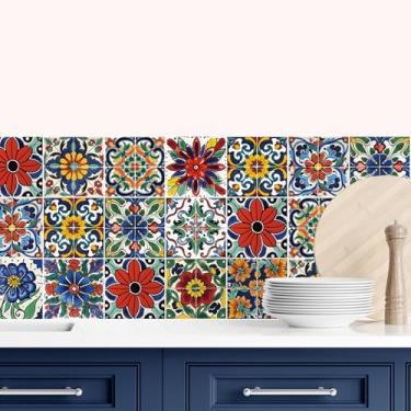 Imagem de meihea 16 peças de adesivos de azulejo de 15 x 15 cm, decalques mexicanos Talavera para escadas de cozinha, decoração boho marroquina de vinil impermeável, removível DIY para móveis de banheiro