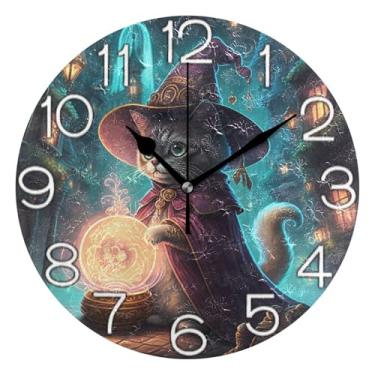 Imagem de Relógio de parede decorativo analógico estético silencioso sem tique-taque relógio de cozinha rústico, decoração de sala de estar arte moderna gato fofo bruxo noite brilhante, 25 cm, ponteiros pretos