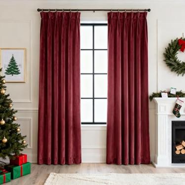 Imagem de Cortinas de veludo vermelho plissadas triplas 243,8 cm de comprimento, 2 painéis, com isolamento térmico, plissado, bordô, blecaute, cortinas, escurecimento de quarto, grossa, luxuosa, moderna