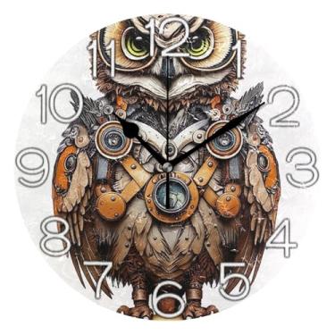 Imagem de GAIGEO Relógio de parede analógico com estampa steampunk de coruja descolada, relógio de cozinha, rústico, funky, alimentado por bateria, decoração de parede de casa de fazenda moderna, 25 cm