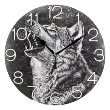 Imagem de GAIGEO Relógio de parede decorativo analógico operado por bateria relógio de cozinha de escritório, decoração de parede vintage, sala de estar, lobo preto branco legal, 25 cm, ponteiros pretos