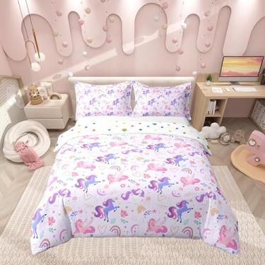 Imagem de 100% algodão natural roxo unicórnio capa de edredom King, arco-íris sonhador flores rosa super macio, decoração de quarto de meninas, lua estrela, amor, corações, 3 peças (sem edredom)