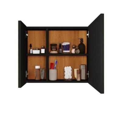 Imagem de Espelheira Suspensa Com 2 Portas Espelhadas Ideal Para Banheiro(Preto/Nature)