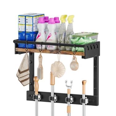 Imagem de Yanxifei Suporte de parede resistente com ganchos, organizador de vassoura e esfregão com prateleira superior, suporte de armazenamento de parede para garagem e sala de utilidades (pequeno)