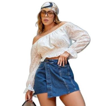 Imagem de SHORTS SAIA JEANS FEMININO CINTURA ALTA COM BARRA GILETADA-Feminino