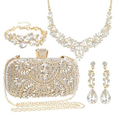 Imagem de HIKIMA Conjunto de joias de strass com 4 peças, bolsa de mão de cristal brilhante champanhe com colar, pulseira, brincos pendurados, acessórios para casamento, noiva, mulheres, formatura, dia dos