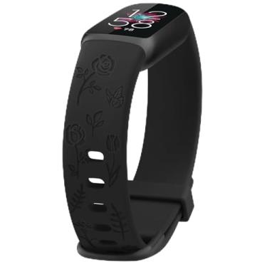 Imagem de Pulseira feminina com gravação floral, compatível com Fitbit Luxe, pulseiras esportivas macias de substituição para monitor de fitness e bem-estar Fitbit Luxe (preto)
