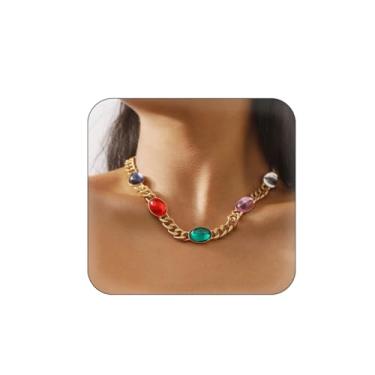 Imagem de Asphinien Colar gargantilha vintage com pedras preciosas coloridas boho turquesa pingente pingente punk corrente cubana grossa com pedras preciosas multicoloridas joia para mulheres e meninas,