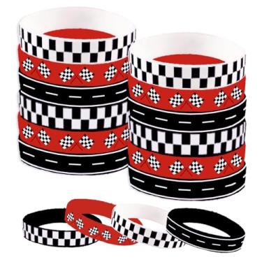 Imagem de JarThenaAMCS 36 pulseiras de silicone para carro de corrida vermelho preto bandeira xadrez pulseira de borracha para chá de bebê, lembrancinha de festa de aniversário, 4 designs