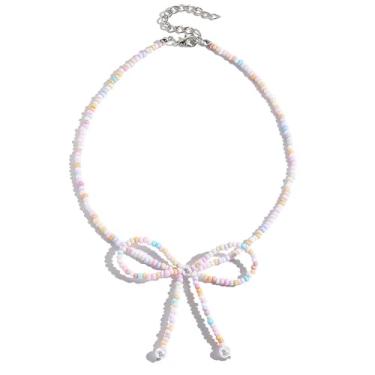 Imagem de Lindo colar feminino com laço de pérola delicado com contas de cristal e laço boêmio, joia ocidental, Small, Liga de aço, Sem Pedra Preciosa