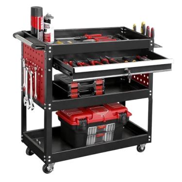 Imagem de ALL4DETAIL Carrinho de ferramentas de rolamento de 3 níveis sobre rodas, carrinho utilitário pesado de 181 kg com gavetas, carrinho de ferramentas mecânicas para garagem, armazém, reparo de automóveis