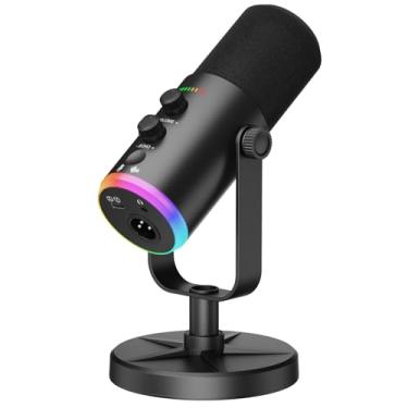 Imagem de voijump Microfone dinâmico USB/XLR para gravação de podcast, microfone de streaming de jogos de computador com luz RGB, botão mudo, conector para fones de ouvido, suporte de mesa, microfone vocal para