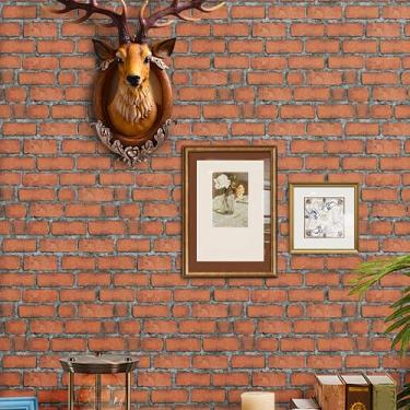Imagem de TANONE Papel de parede de tijolo vermelho descasque e cole papel de contato espesso 44,5 cm x 998 cm autoadesivo removível vinil impermeável tijolo papel de parede para embrulhar lareira de Natal DIY
