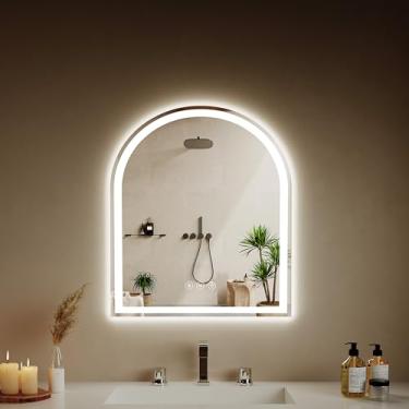 Imagem de Espelhos LED para banheiro com luzes 76 x 86 cm, espelho arqueado para parede, antiembaçamento, espelhos de LED com luz frontal e retroiluminada, função de memória para penteadeira, banheiro, entrada