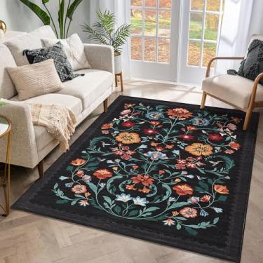 Imagem de Tapete lavável 7,5 x 12,5 cm para sala de estar, tapete floral para quarto, macio boho antiderrapante com parte traseira de borracha, tapete floral vintage resistente a manchas de pilha baixa para