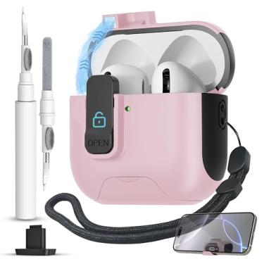 Imagem de Capa para AirPods 4 com trava segura, trava magnética automática com função de suporte de telefone, kit de limpeza de capa protetora rígida à prova de choque para Apple AirPod 4ª geração 2024 (rosa)