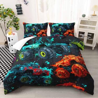 Imagem de AILONEN Conjunto de edredom queen com estampa de caminhão monstro, caminhões de desenho animado para crianças, adolescentes, meninos, conjunto de edredom de grafite legal, 3 peças, 1 colcha e 2