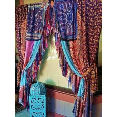 Imagem de YILLE 1 par de cortinas indianas de seda sari, tratamentos para janela, boho, cigana, hippie, boêmia para pendurar na parede, hippie