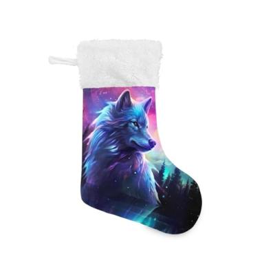 Imagem de ATTX Meias de Natal Aurora Boreal Lobo, Brancas de Pelúcia, Suportes de Presente para Decorações de Festas de Férias (17,7 polegadas, 1 Pacote) #230
