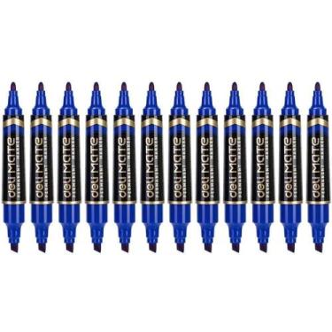 Imagem de Marcador Permanente Ponta Chanfrada Duas Pontas Azul 10 Unid - Deli