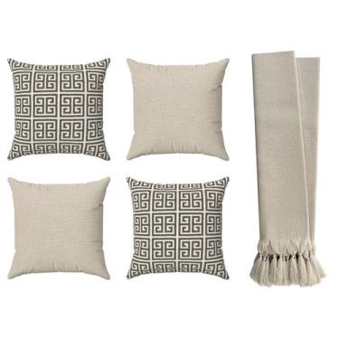 Imagem de Kit 4 Capas De Almofadas 70x70 Grandes Bege Cru + Manta Para Sofá Luxo