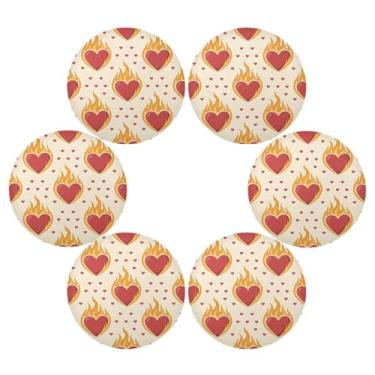 Imagem de Wassud Jogo americano conjunto de 6 tapetes de mesa redondos com corações de chamas para cozinha e jantar, lavável, resistente ao calor, decoração de mesa 39 cm