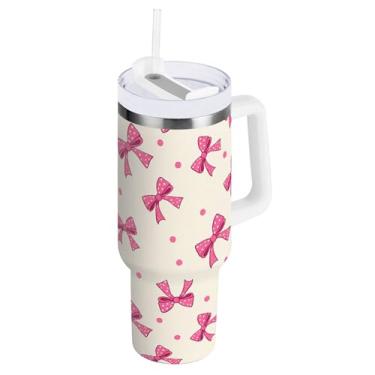 Imagem de SEHANY Copo fofo com laço rosa de 1,134 g com alça, copo isolado de aço inoxidável a vácuo de parede dupla, à prova de vazamento, caneca de café isolada para viagem cabe no suporte de copo de carro