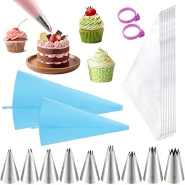 Imagem de LLMSIX Conjunto de 9 sacos de confeitar e pontas, pontas de tubulação estrela de aço inoxidável, pontas de cobertura de estrela aberta para cobertura de cupcakes cookies, decoração faça você mesmo