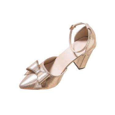 Imagem de Salto alto feminino moderno casual confortável plus size cor sólida laço strass bico fino, Ouro rosa, 36