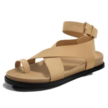 Imagem de Coutgo Sandália feminina rasteira de verão para praia, cruzada, fivela e tira confortável, Caqui, 41