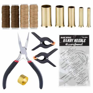 Imagem de Conjunto de cestas de agulha de pinheiro com ferramenta de bobinamento de calibre, fio encerado, agulha e anel de dedal, alicate longo Noce para fazer cestos de tecelagem de vime (com fio encerado